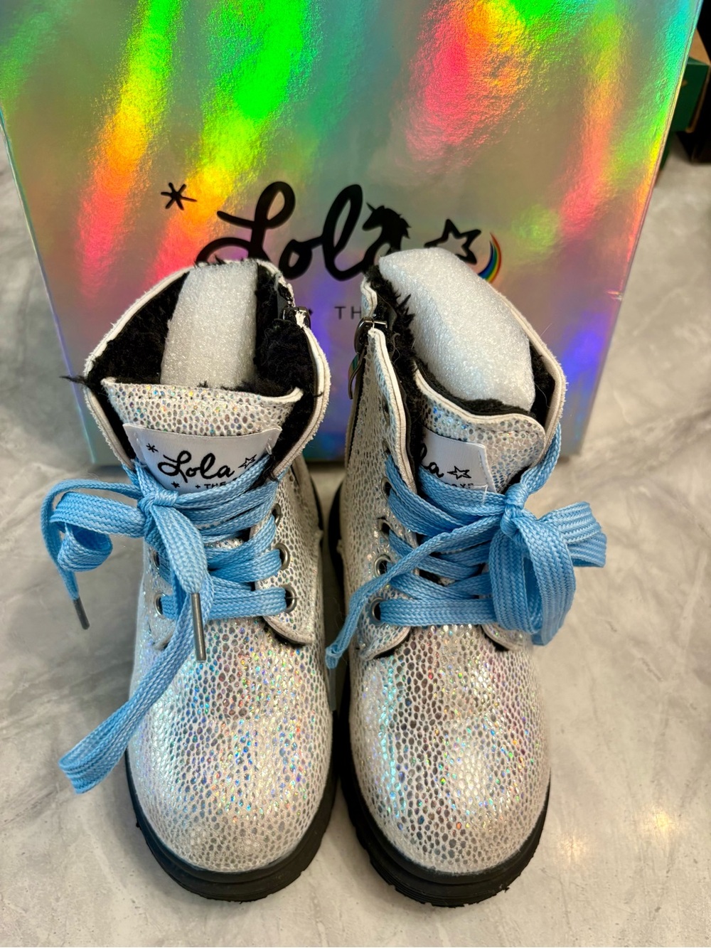 Lola + the Boys Smiley Holographic Lace-Up Boots